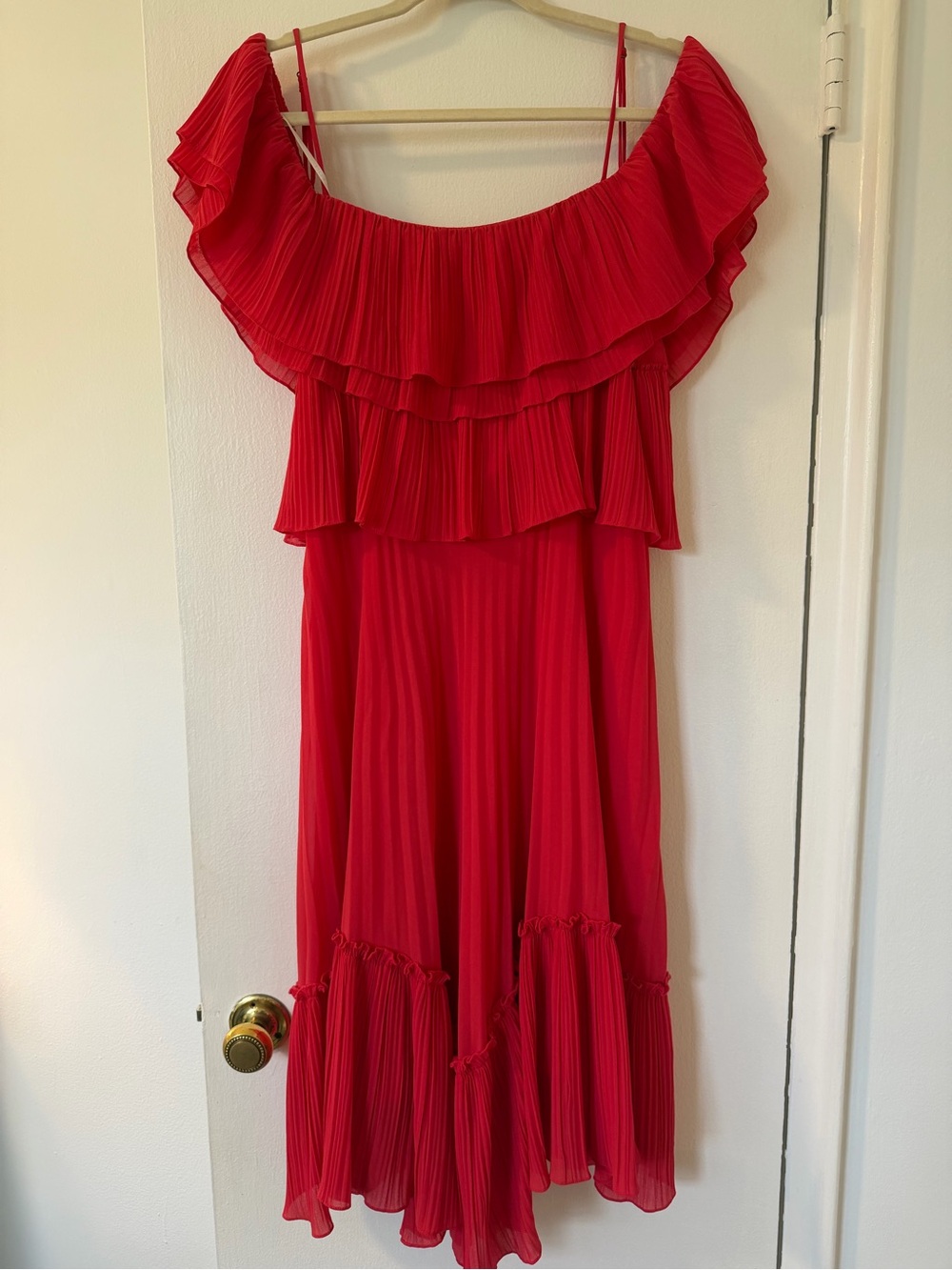 Halston Heritage Red Pleated Off-Shoulder Midi Dress